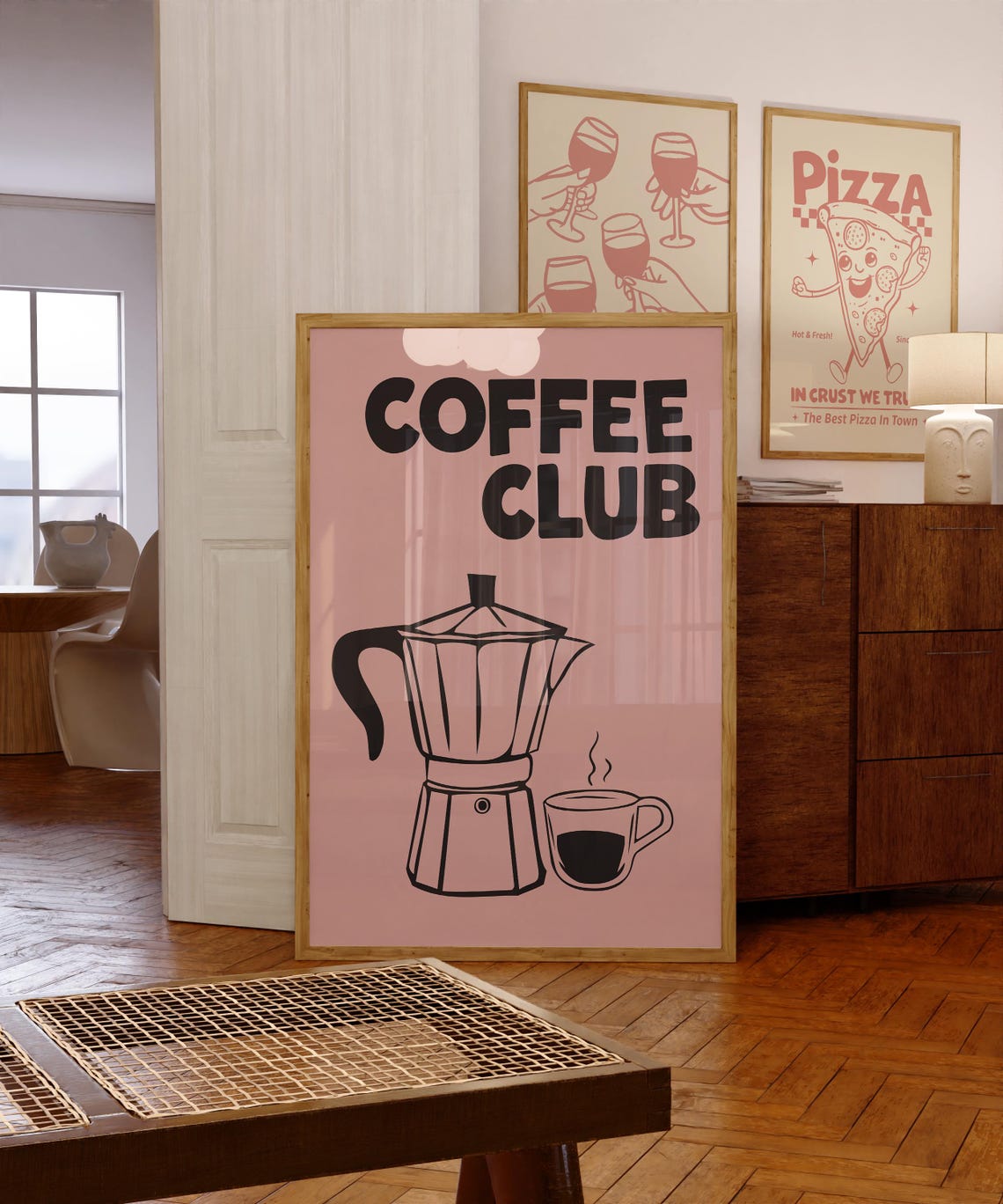 Pink Coffee Club Moka Pot Steaming Espresso Retro Kitchen Art Print