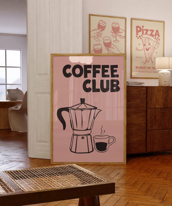 Pink Coffee Club Print Retro Espresso Poster Brew Crew Print Bar Cart Art Minimalist Kitchen Poster Vintage Caf Art Fun Coffee Lover Print