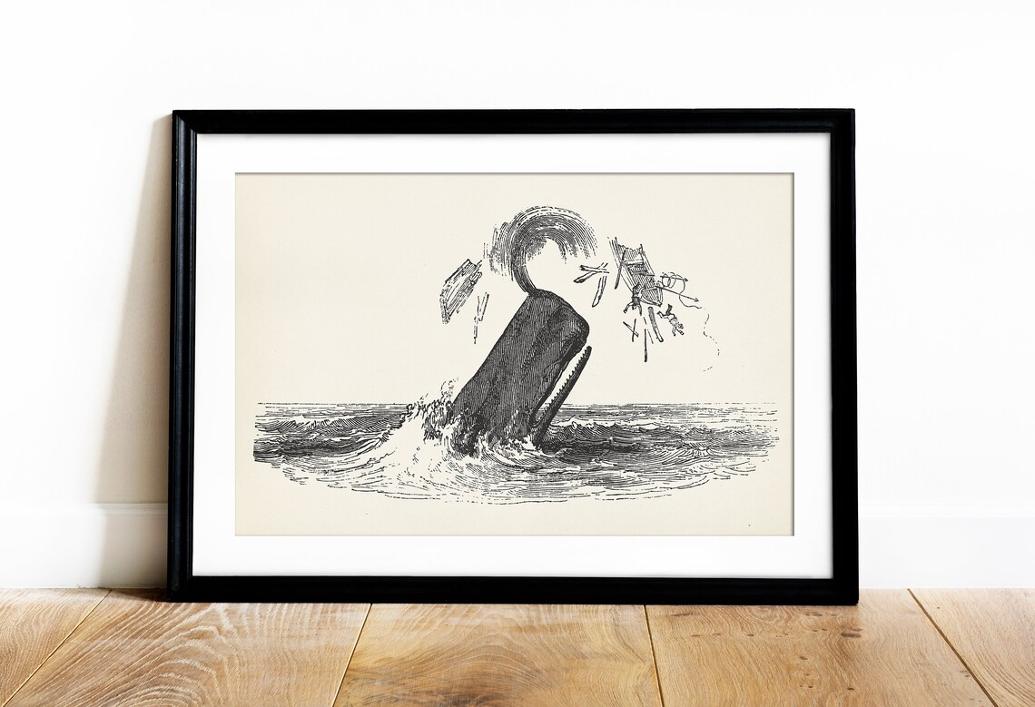 Vintage Whale Attacking Ship Engraving Nautical Maritime History Poster