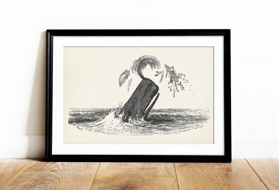 Vintage Whale Attacking Ship Engraving Nautical Maritime History Poster