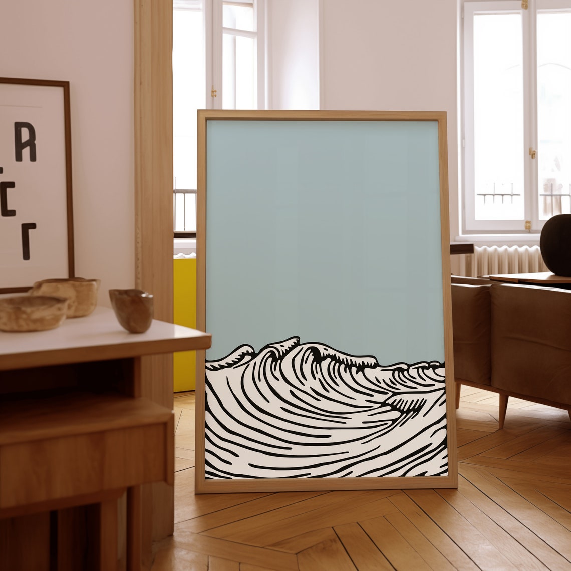 Minimalist Ocean Wave Black Line Art Light Blue Coastal Surf Poster