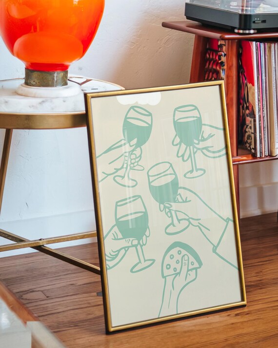 Cheers Mint Green Toasting Hands Wine Glasses Cheese Wedge Art Poster