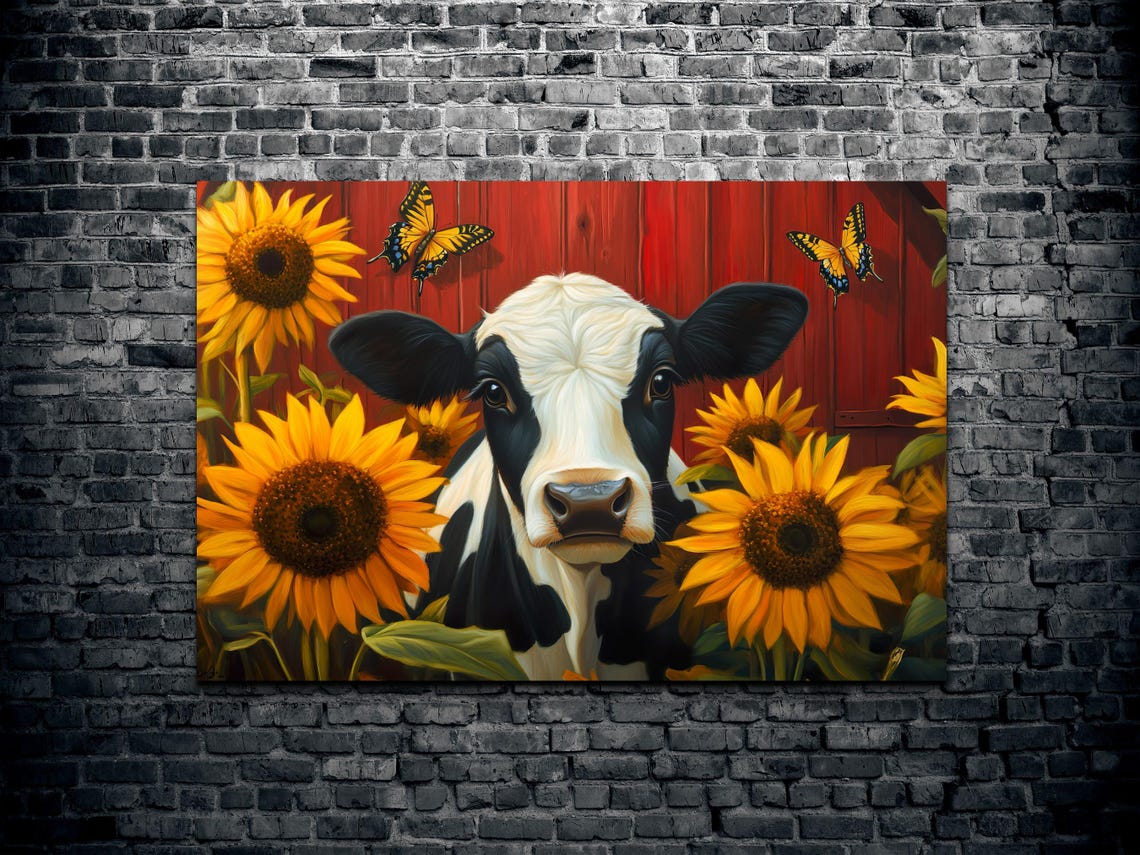 Cow Face Among Sunflowers by Red Barn Butterflies Farm Wall Poster - Image 2