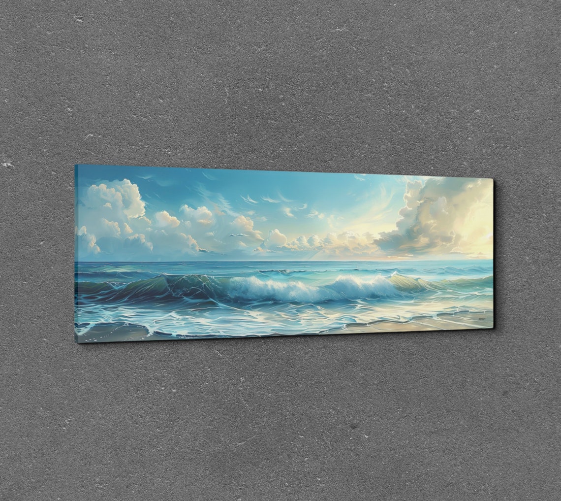 Sunlit Ocean Waves Breaking On Sandy Beach Seascape Art Poster - Image 3