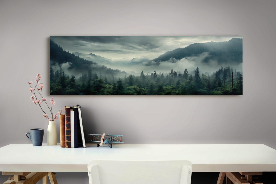 Misty Mountain Forest in Soft Morning Fog Panoramic Art Poster - Image 3
