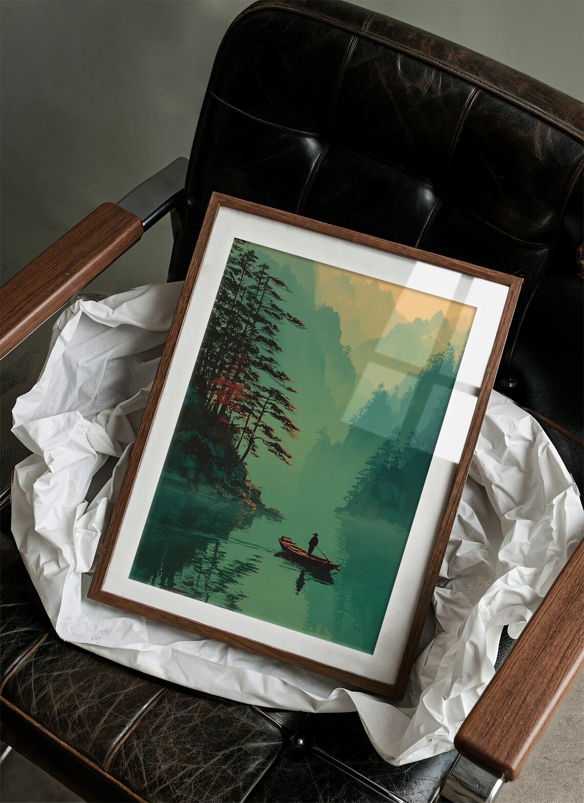 Lone Fisherman on Misty Teal Lake Japanese Landscape Style Wall Art