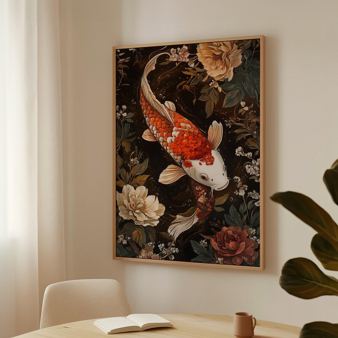 Elegant Koi Fish Red White Peonies Dark Floral Painting Poster - Image 4