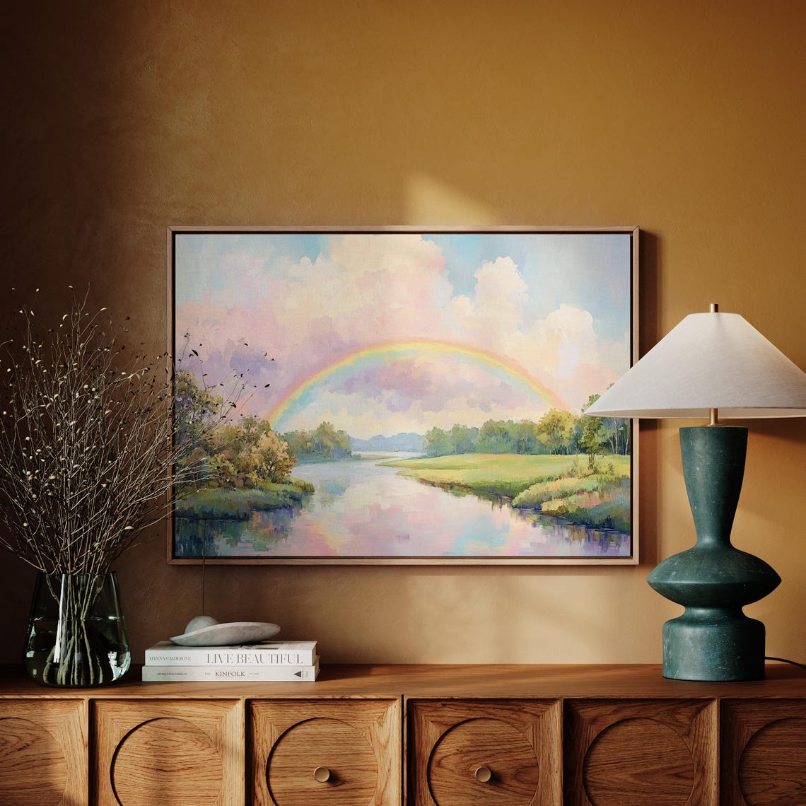 Vivid Rainbow Over Peaceful River Pastel Landscape Painting Poster - Image 5