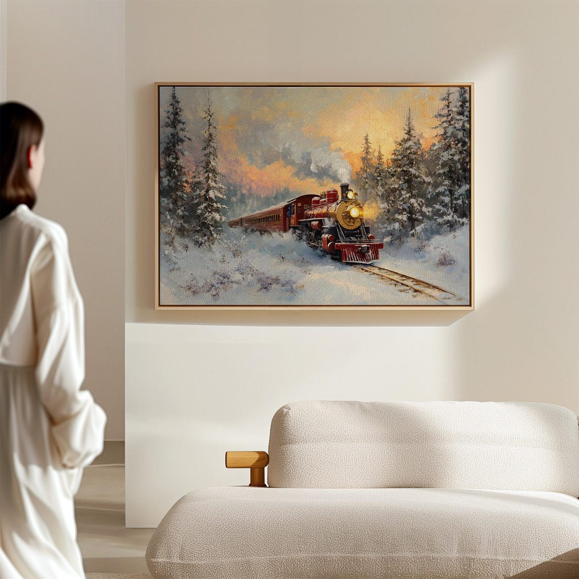 Vintage Red Steam Train Crossing Snowy Sunset Landscape Wall Art - Image 7