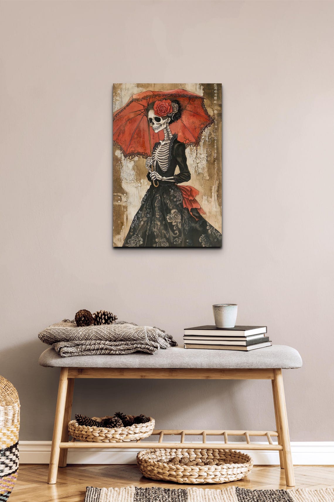 Elegant Skeleton Lady Victorian Gown Red Parasol Gothic Art Poster - Image 3