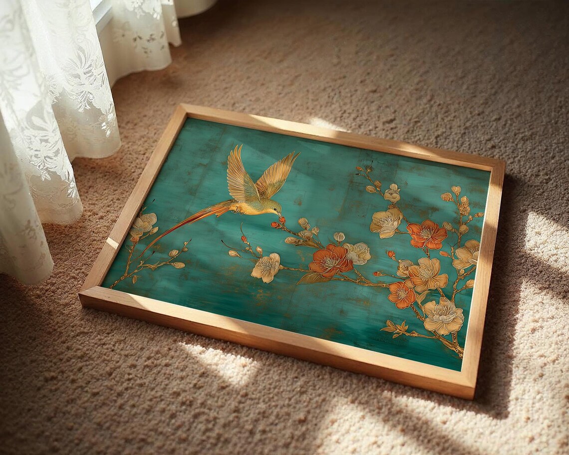 Teal Bird Floral Art Print, Asian-Inspired Botanical Decor