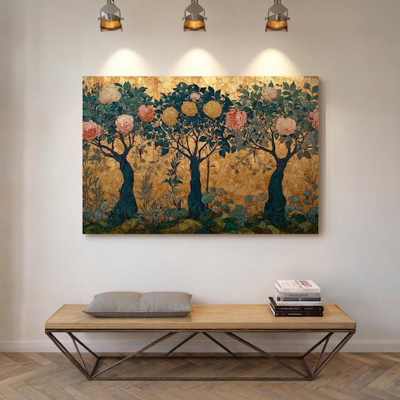 Three Golden Rose Trees In Bloom Art Nouveau Vintage Wall Art