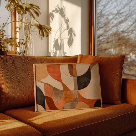 Modern Geometric Abstract Art Canvas Mid Century Wall Decor Neutral Boho Shapes Print Large Minimalist Line Poster For Living Room