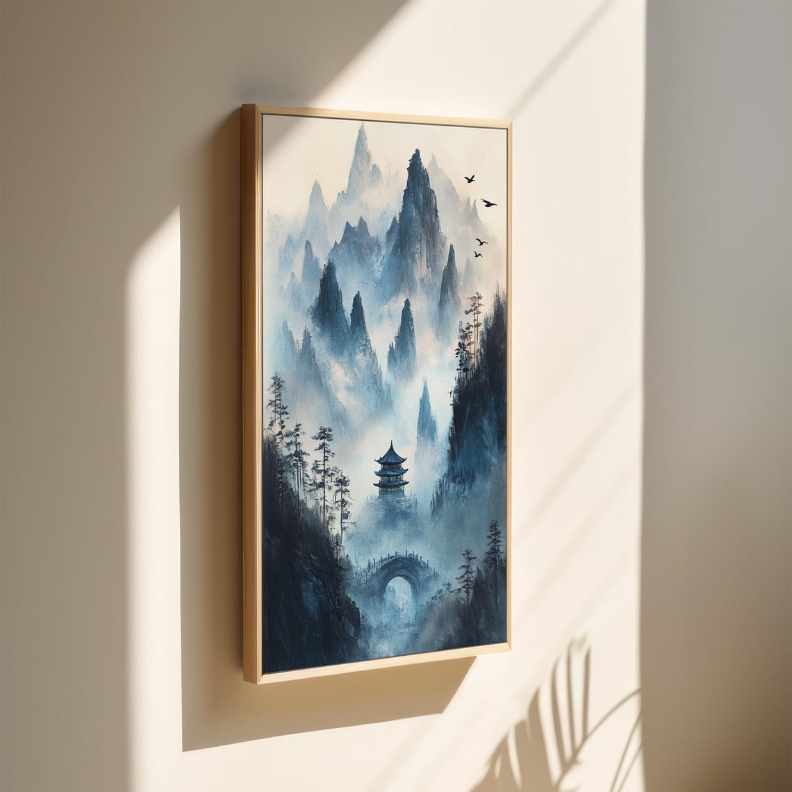 Misty Blue Mountains Pagoda Bridge Asian Zen Landscape Poster - Image 2