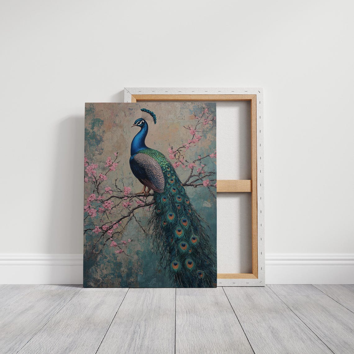 Majestic Peacock Cherry Blossom Branch Vintage Textured Art Poster - Image 5