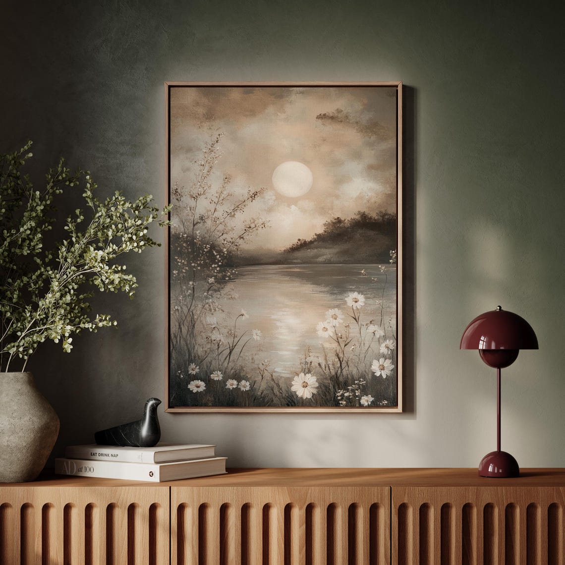 Moonlit Lake White Wildflowers Soft Neutral Reflective Waters Poster