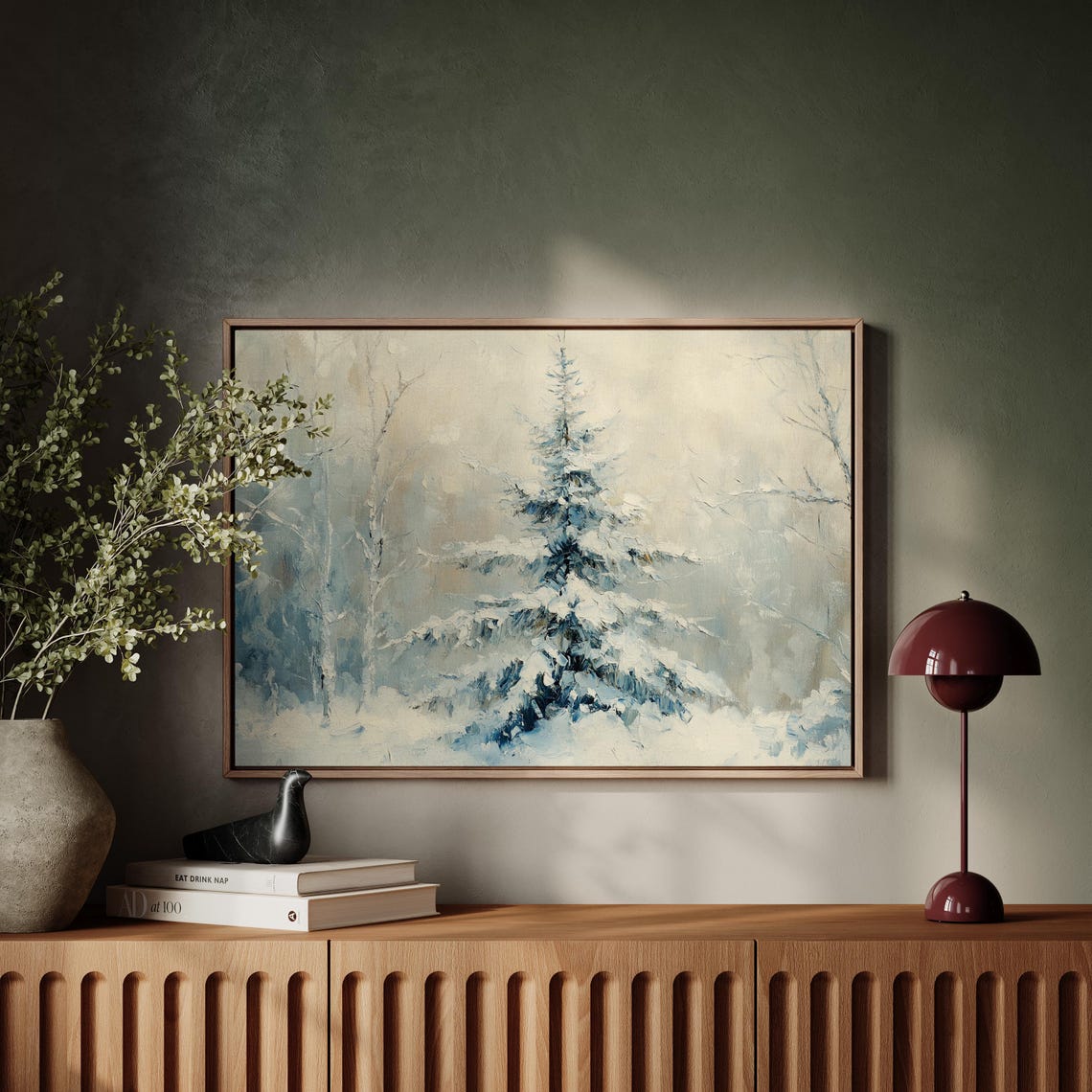 Tranquil Lone Snow Covered Pine Tree On Pale Winter Morning Wall Art