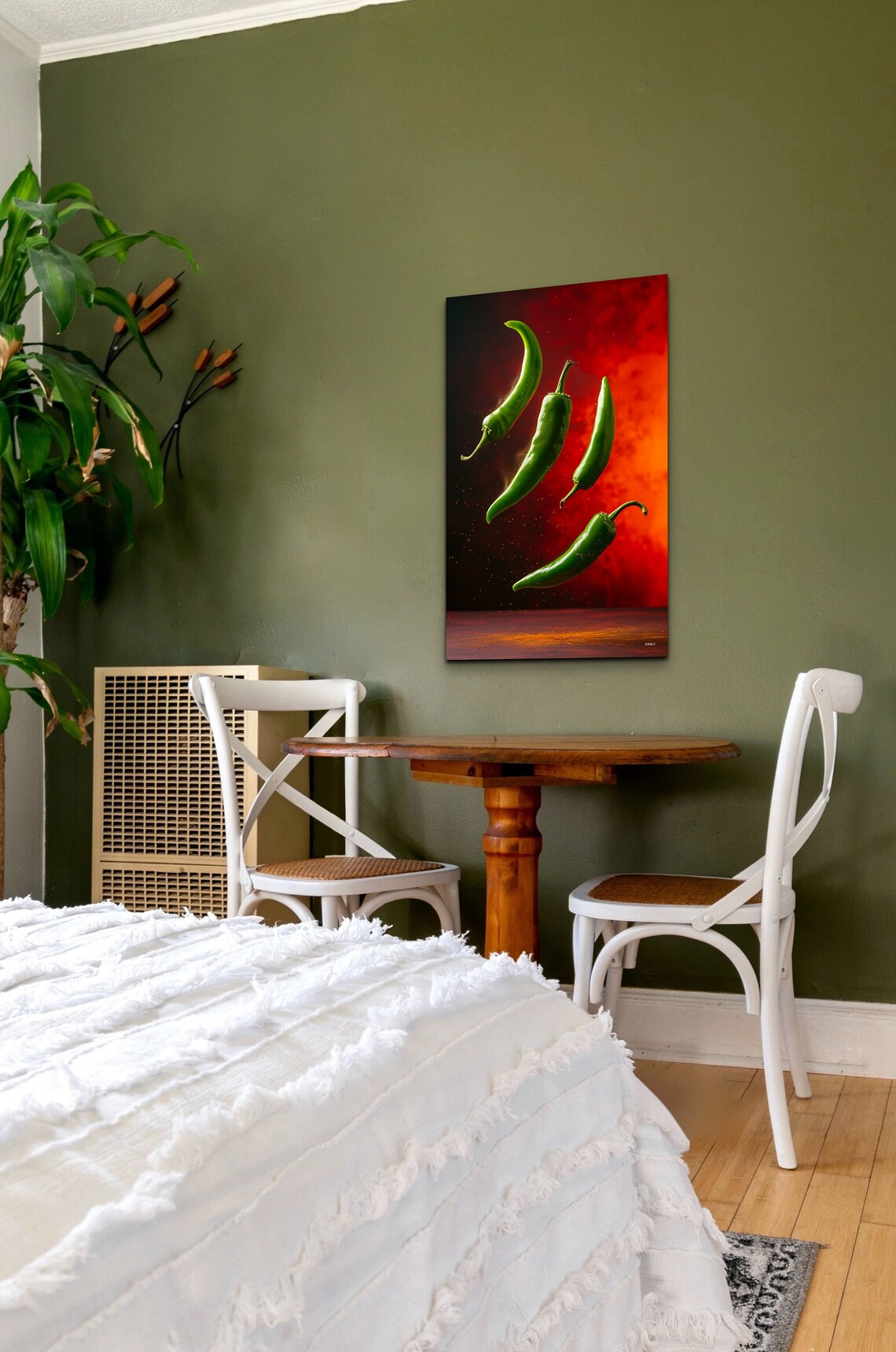 Flying Green Chili Peppers Against a Fiery Red Background Wall Art - Image 3