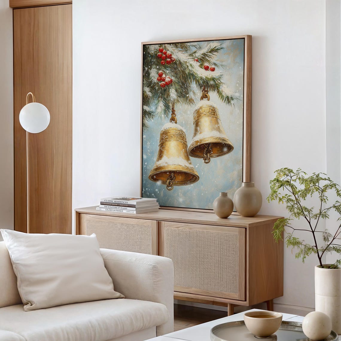 Two Golden Bells On Snowy Pine Branch Winter Holiday Season Poster - Image 6