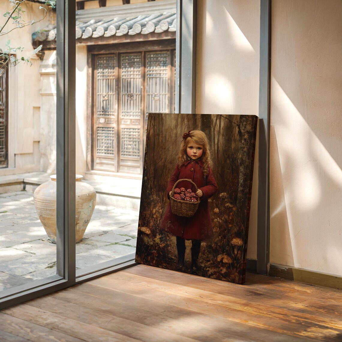 Little Girl in Red Coat With Basket of Mushrooms, Vintage - Image 4