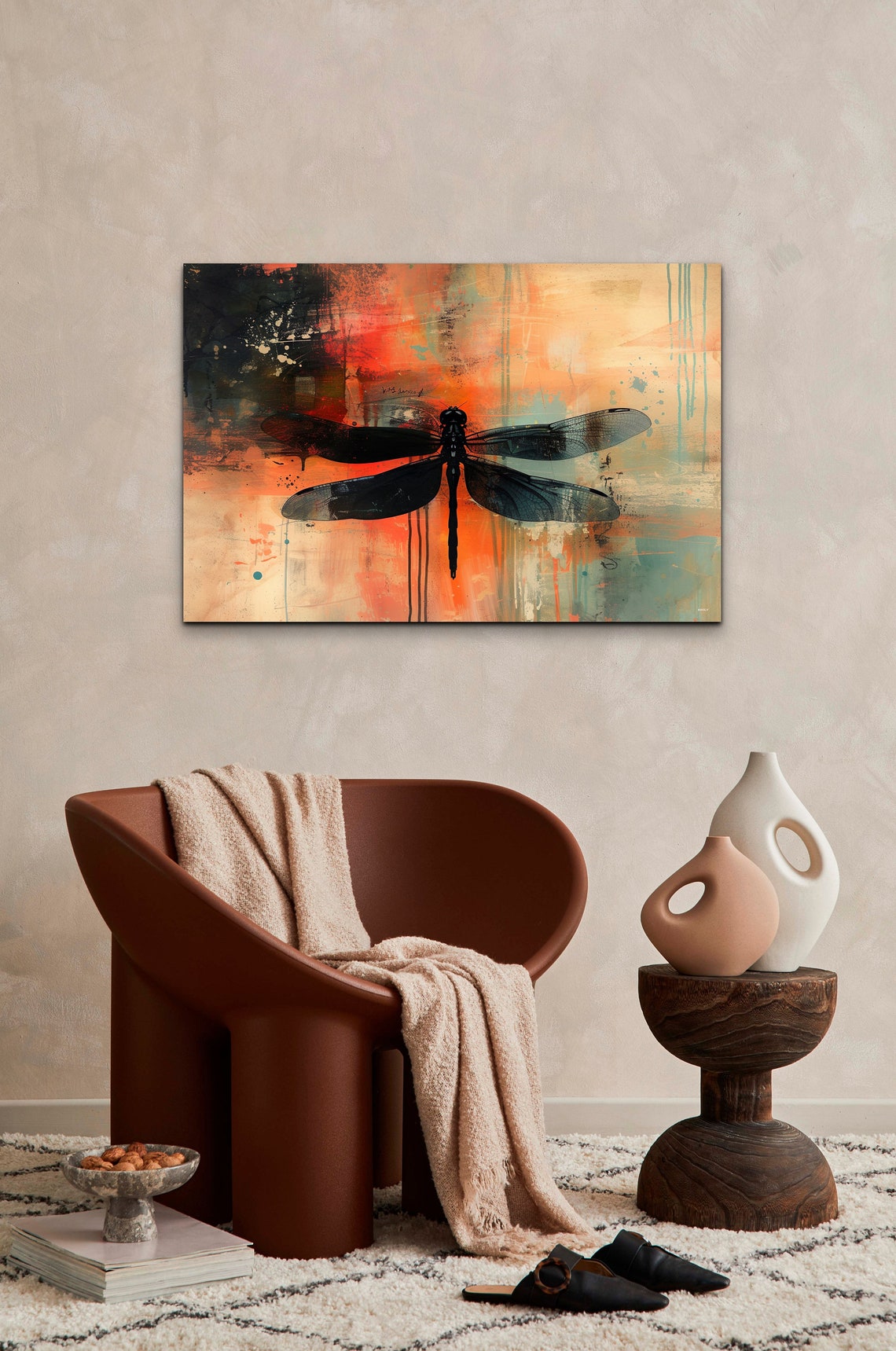 Dark Dragonfly Silhouette Orange Teal Abstract Nature Poster - Image 3