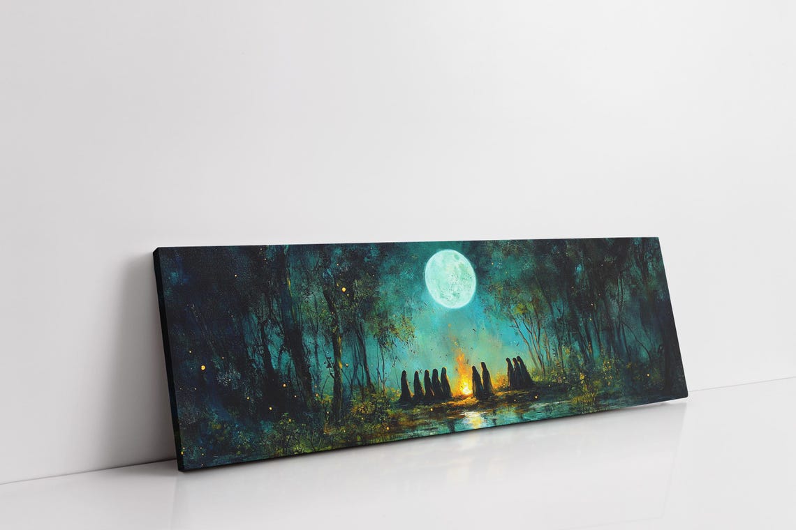 Moonlit Forest Ritual Bonfire Hooded Figures Mystical Night Poster - Image 6