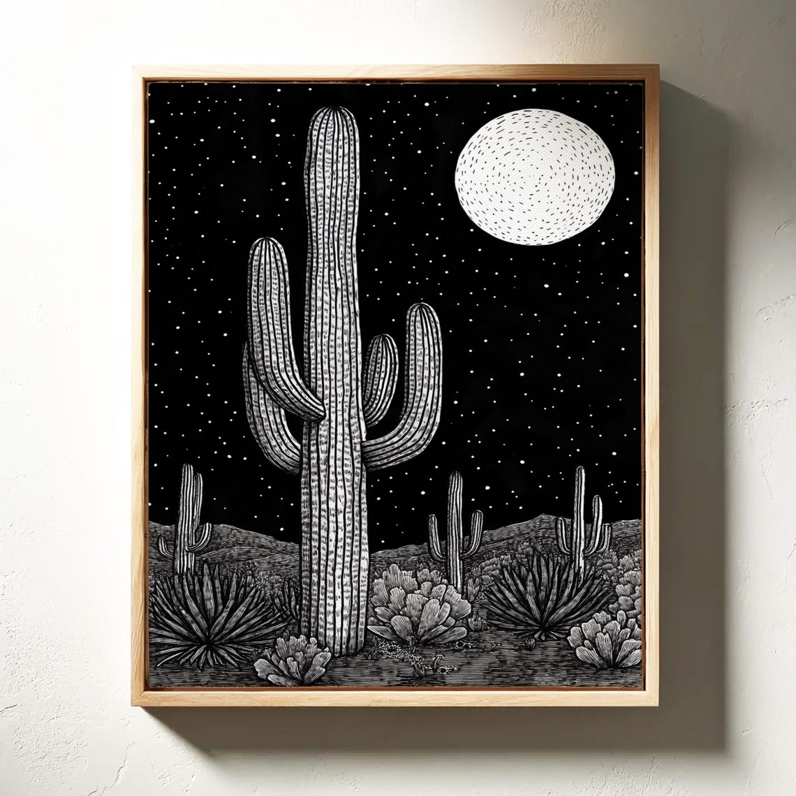 Bold Black Night Desert Cactus Illustration with Stars and Moon Poster