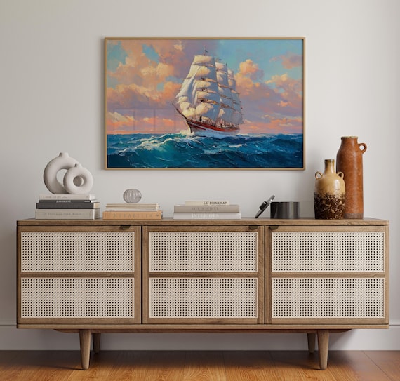 Tall Ship Sailing Sunset Golden Clouds Ocean Maritime Poster