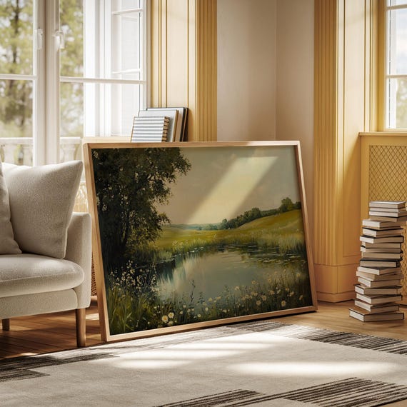 Peaceful Meadow Pond Landscape Canvas Wall Art With Wildflowers And Summer Sky Rustic Country Nature Painting For Living Room Decor