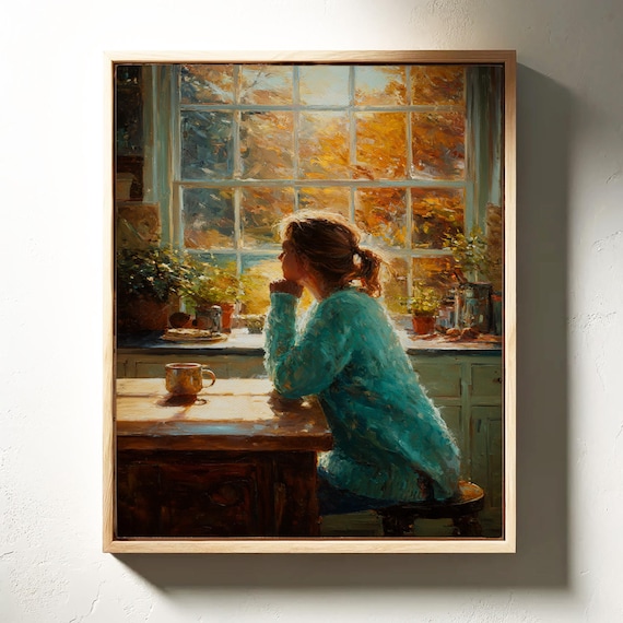 Cozy Woman With Coffee Gazing Out Sunny Autumn Window Poster