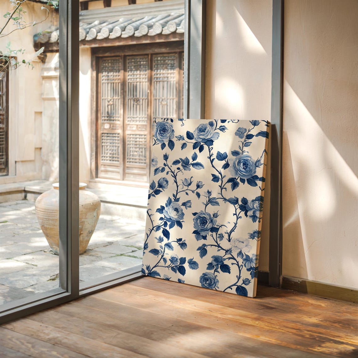 Vintage Blue and White Roses Chinoiserie Floral Pattern Poster - Image 3