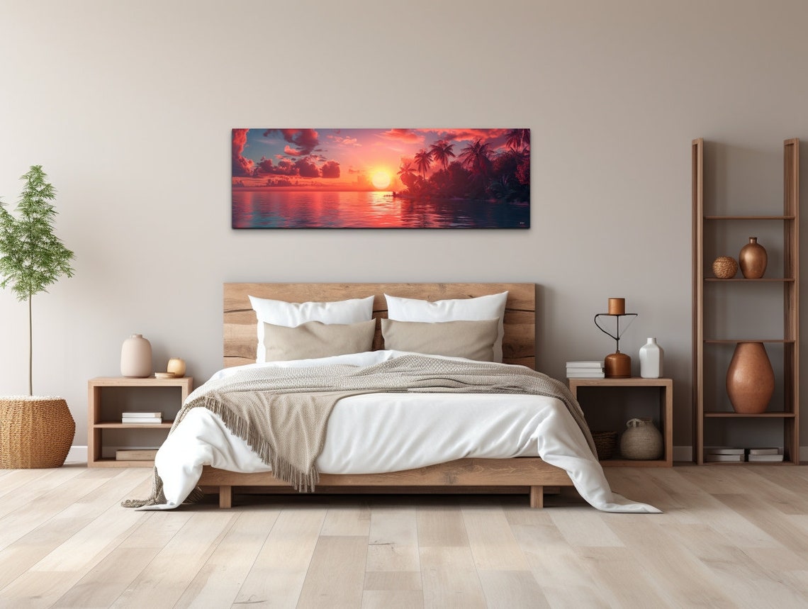Coastal Wall Art Sunset Beach Wrapped Print Palm Trees Sky Sea Beach Scene Art Ocean Beach Sky Art Decor Panoramic Ready To Hang - Image 5