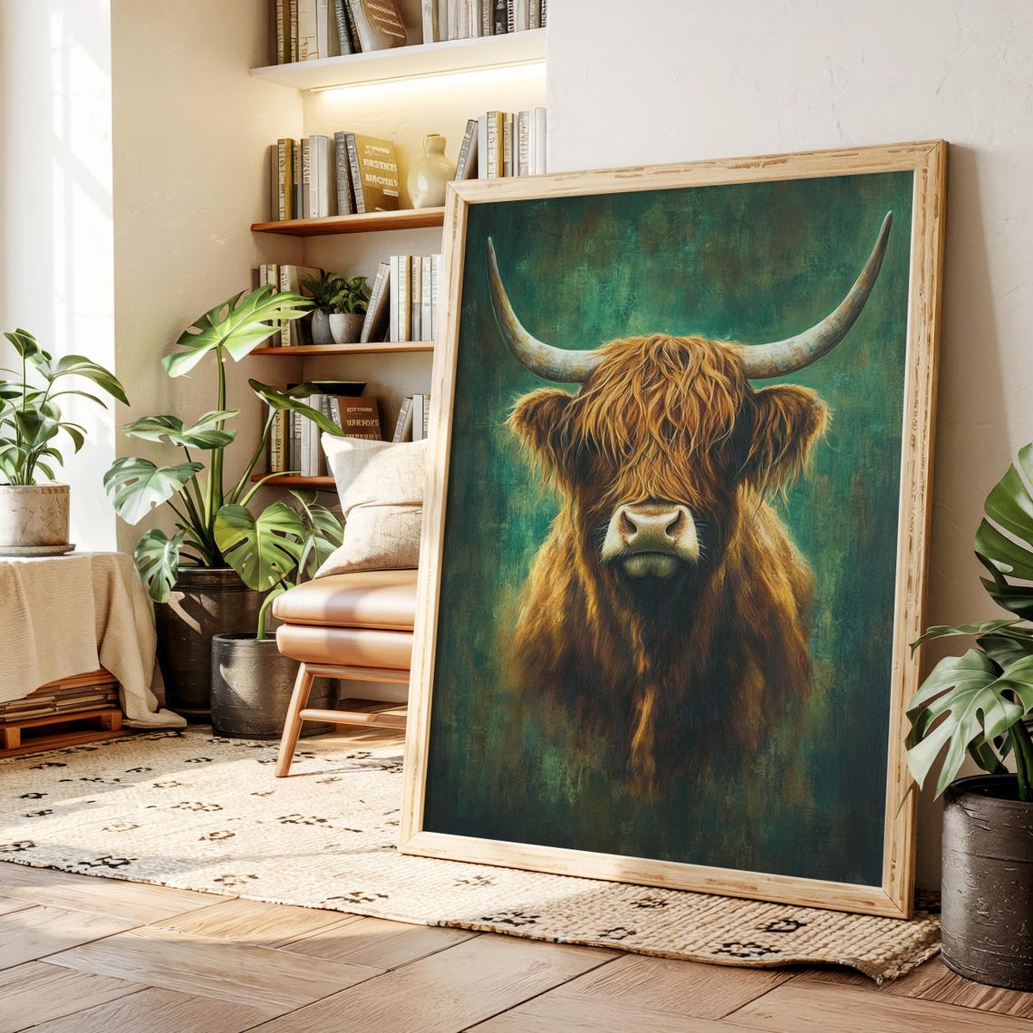 Highland Cow Portrait on Emerald Green Rustic Farmhouse Wall Poster
