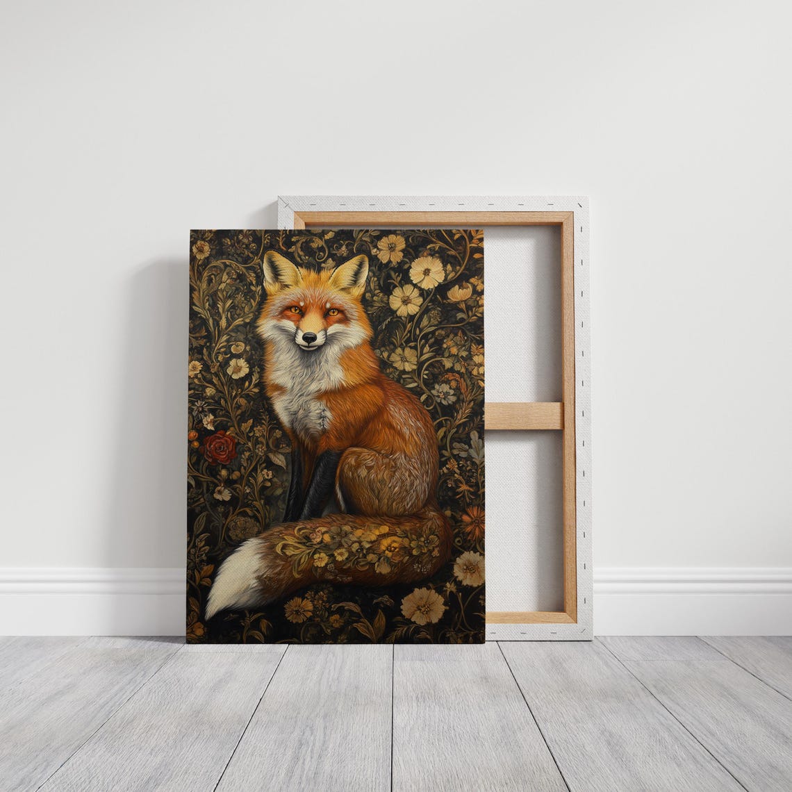 Red Fox Portrait Among Vintage Floral Vines Dark Wildlife Poster - Image 3