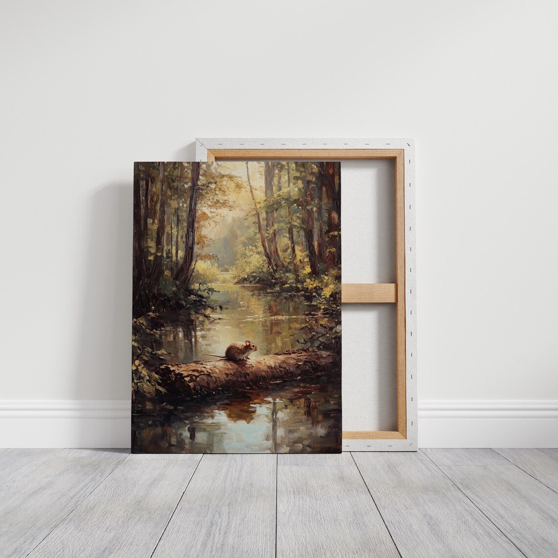 Woodland Mouse On Log, Tranquil Forest Reflection Art Print - Image 3