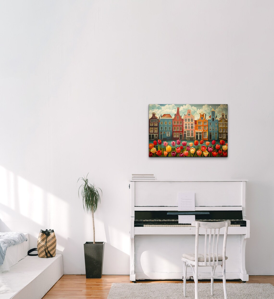 Amsterdam Canal Houses with Colorful Tulips Flower Painting Wall Art - Image 4