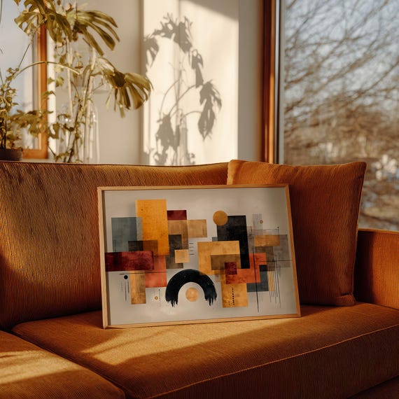 Modern Geometric Abstract Wall Art Canvas Mid Century Shapes Lines Bold Contemporary Decor Burnt Orange Gold Black Minimalist Poster