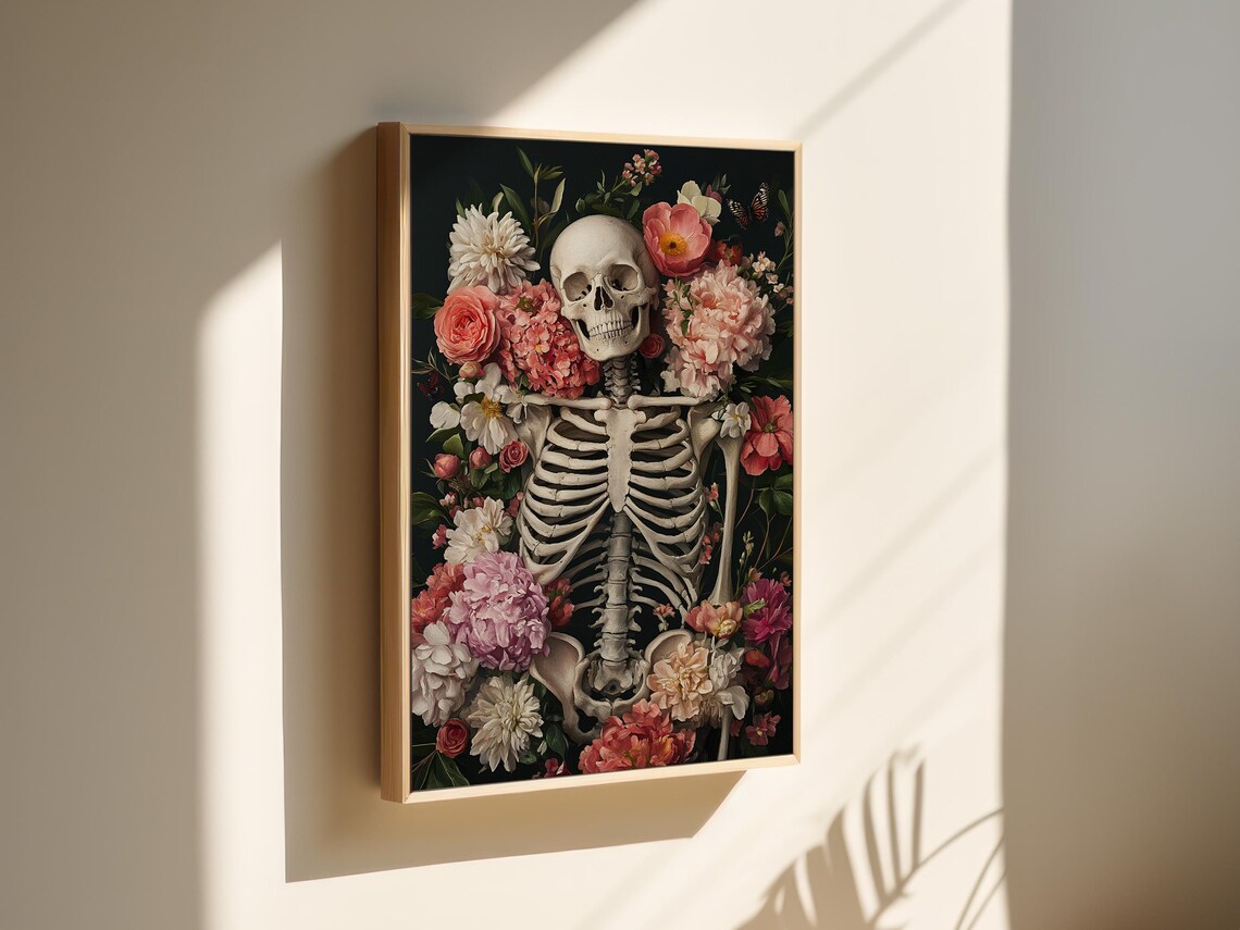 Gothic Skeleton With Pink Flowers Dark Botanical Romantic Macabre Poster