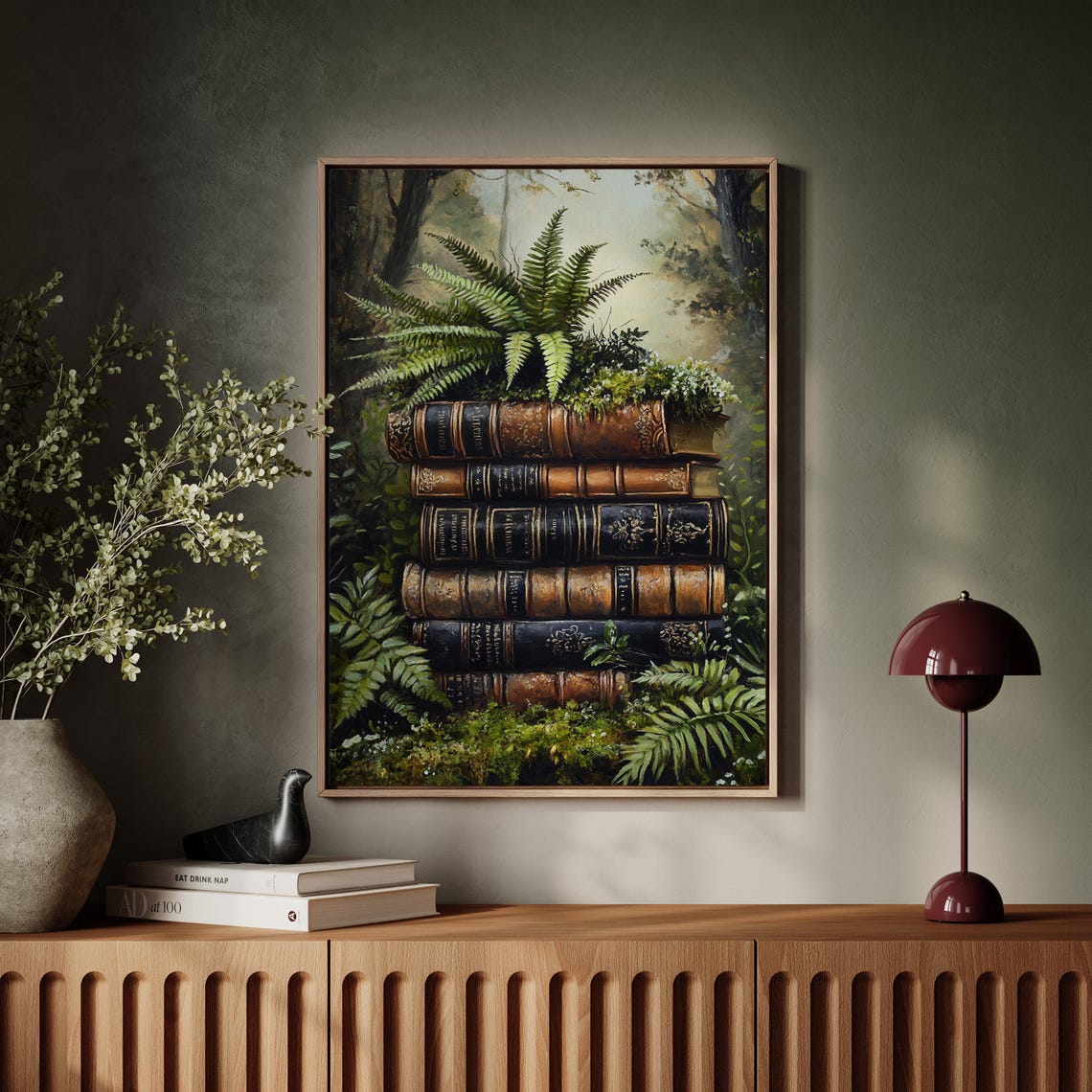 Antique Books Stack With Fern Gothic Forest Dark Academia Wall Art - Image 2