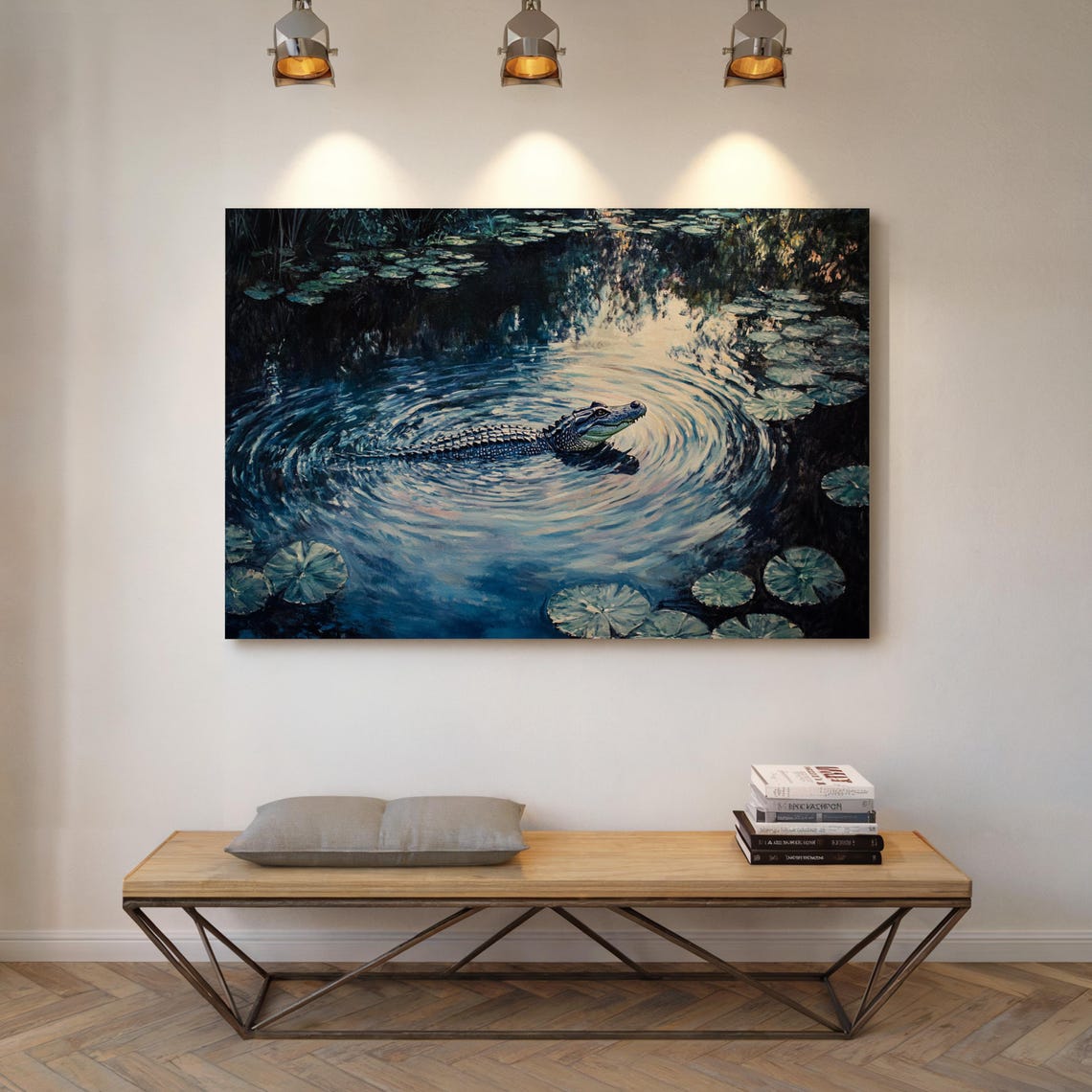 Alligator Swimming in Moonlit Lily Pond Dark Blue Swamp Poster - Image 5