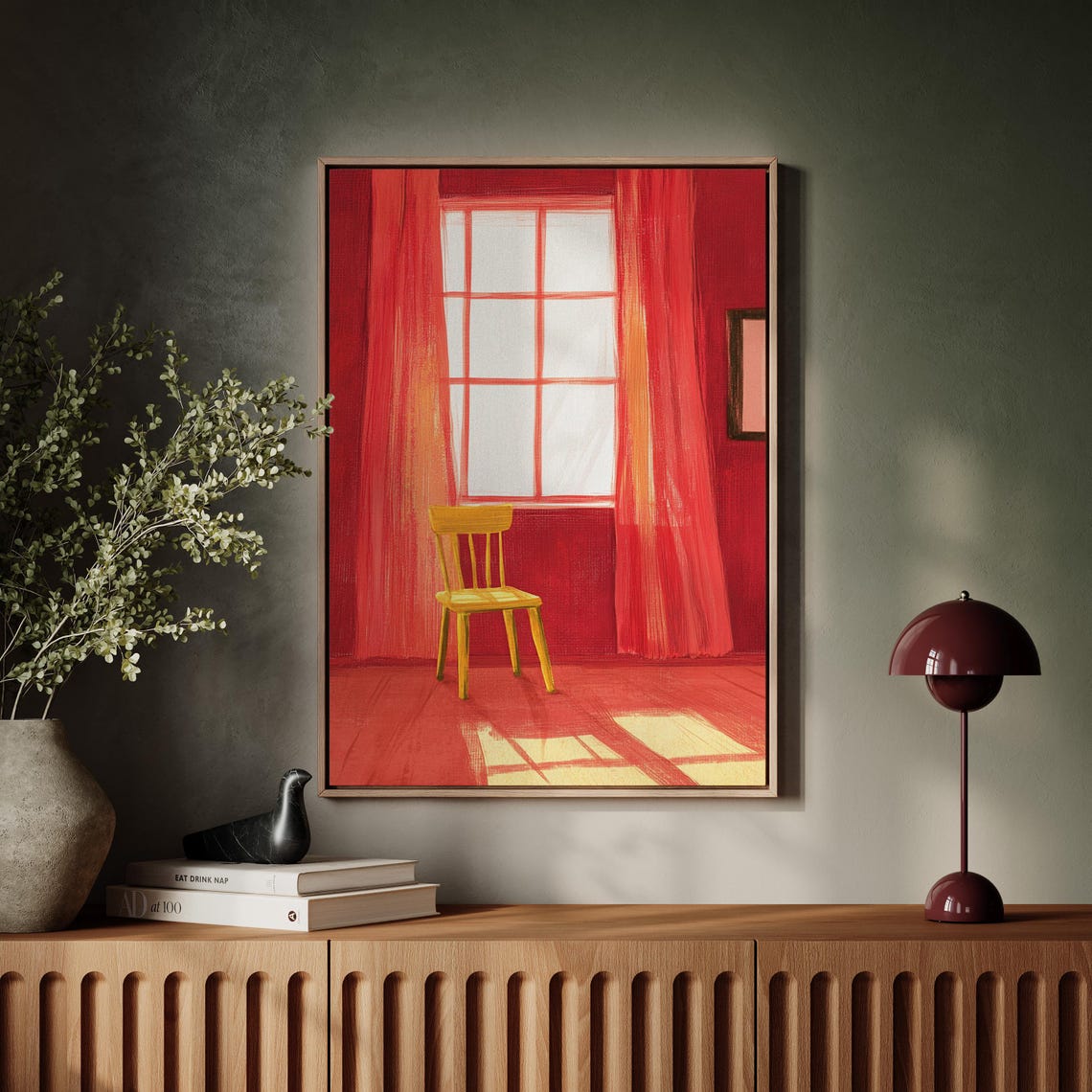 Golden Chair Red Window Warm Minimal Interior Painting Print