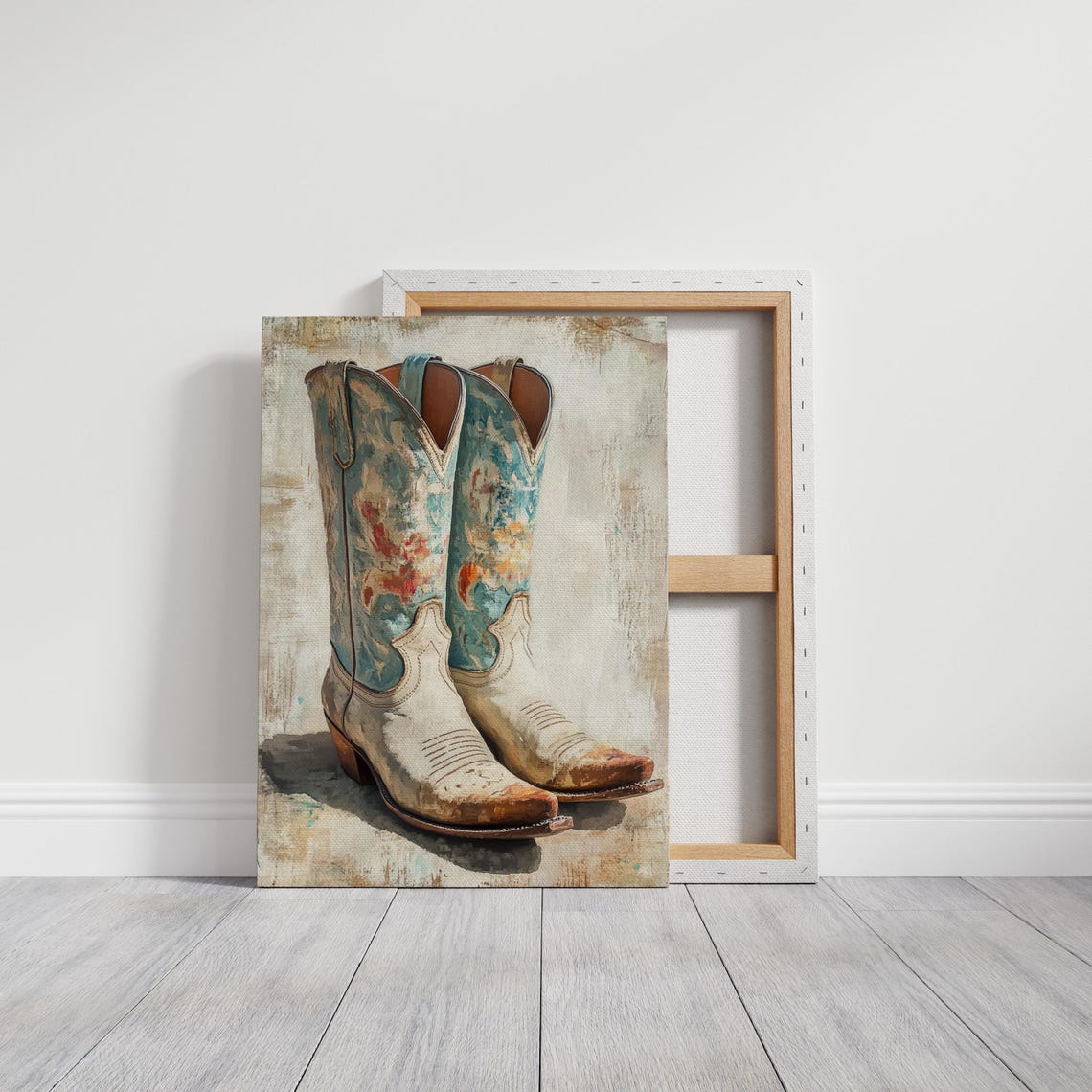 Vintage Cowboy Boots Art Rustic Western Decor Distressed Blue And White Boots Painting For Farmhouse Style - Image 2