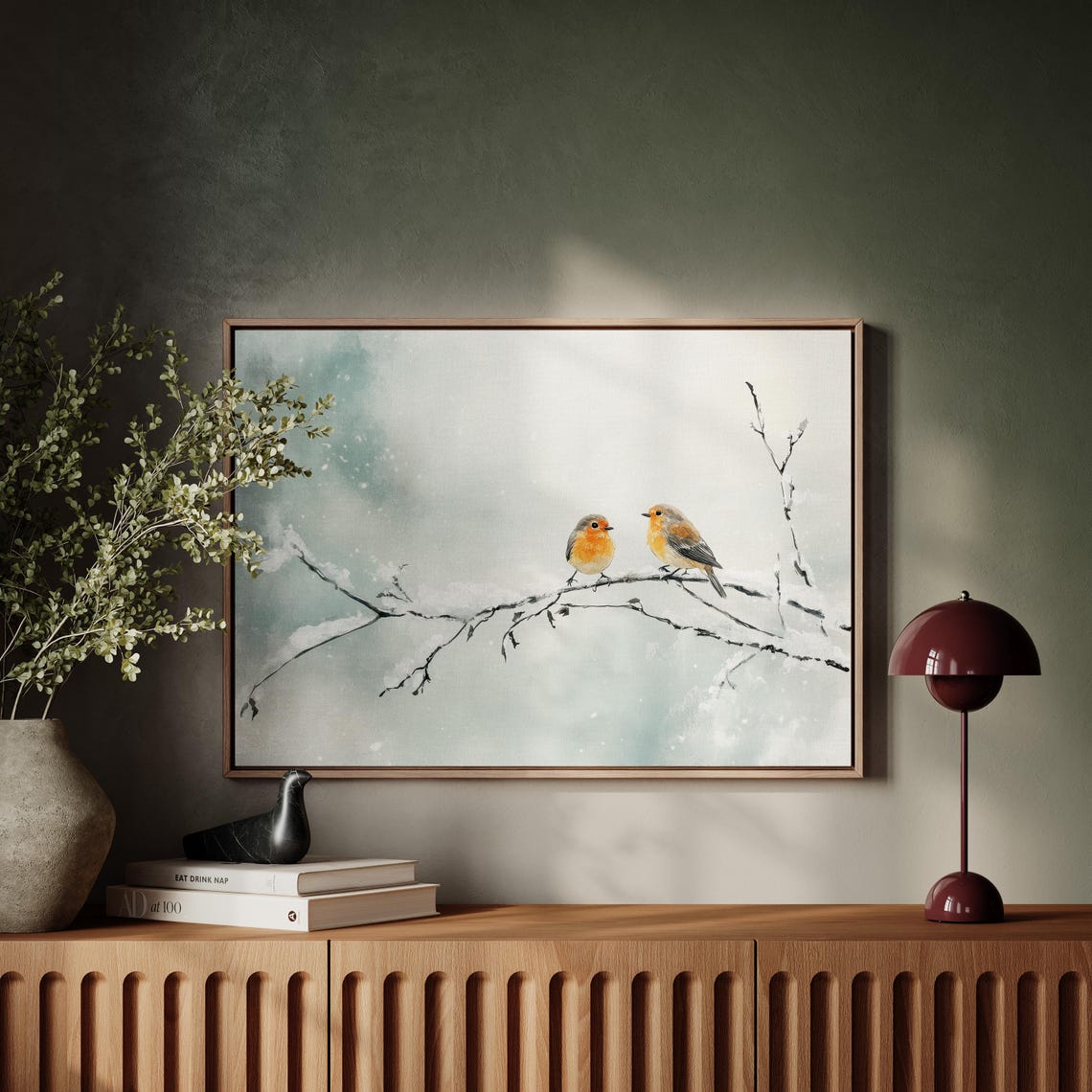 Two Robins On A Snowy Branch In Falling Snow Watercolor Winter Poster - Image 4