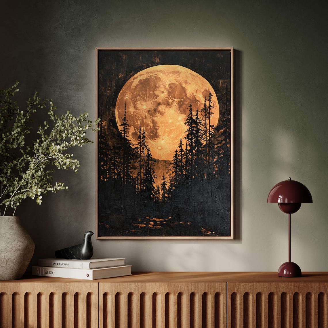 Orange Full Moon Over Forest Mystical Night Trees Enchanting Poster - Image 7