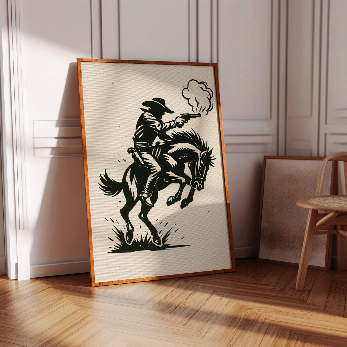 Cowboy Shooting Pistol on Rearing Horse Silhouette Western Poster