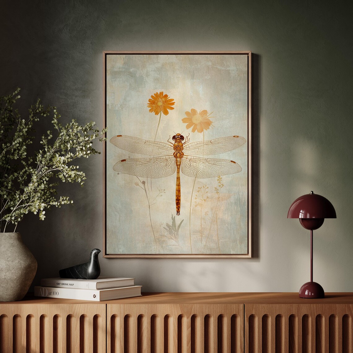 Vintage Dragonfly With Orange Cosmos Flowers On Textured Blue Art Poster - Image 3