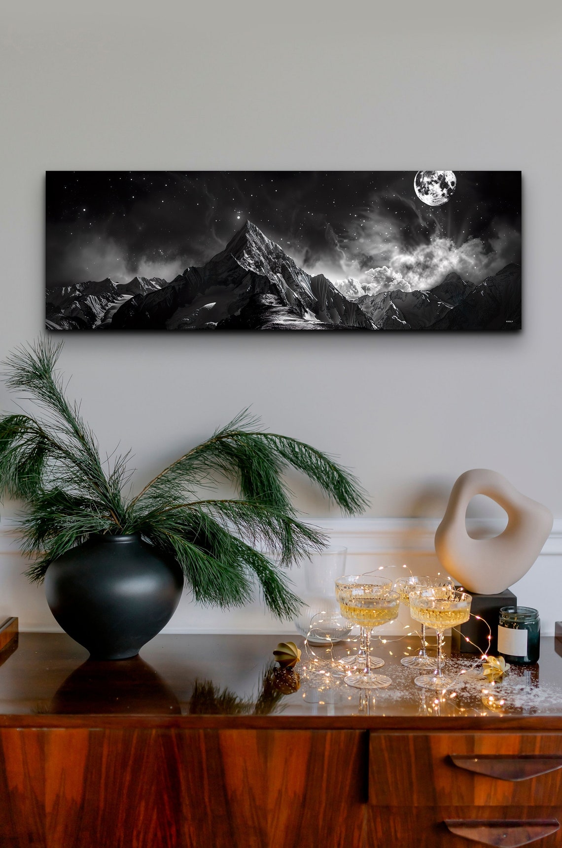 Black And White Moonlit Mountain Peak Under Night Sky Art Poster - Image 5