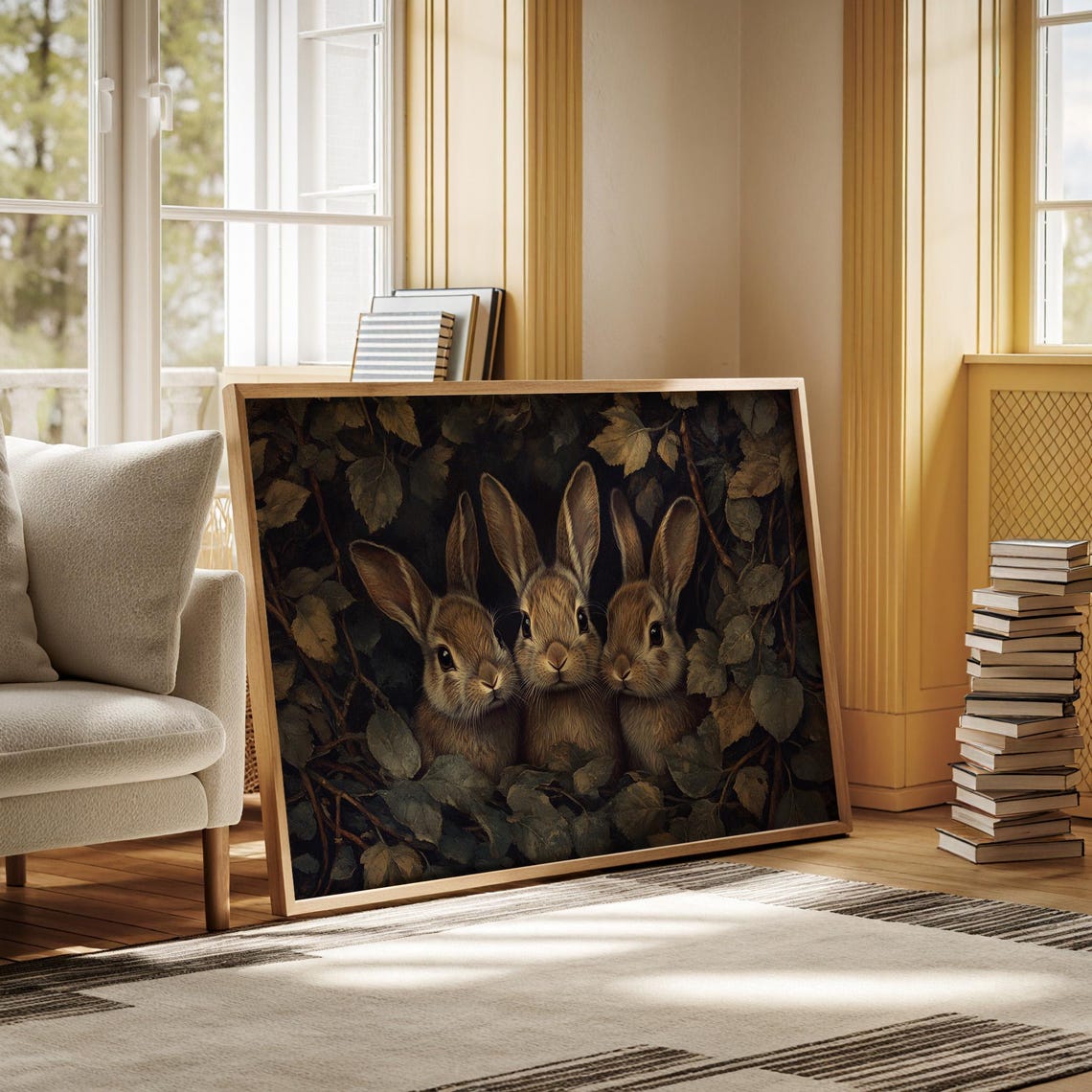 Three Baby Bunnies Peeking Through Dark Woodland Foliage Poster - Image 5
