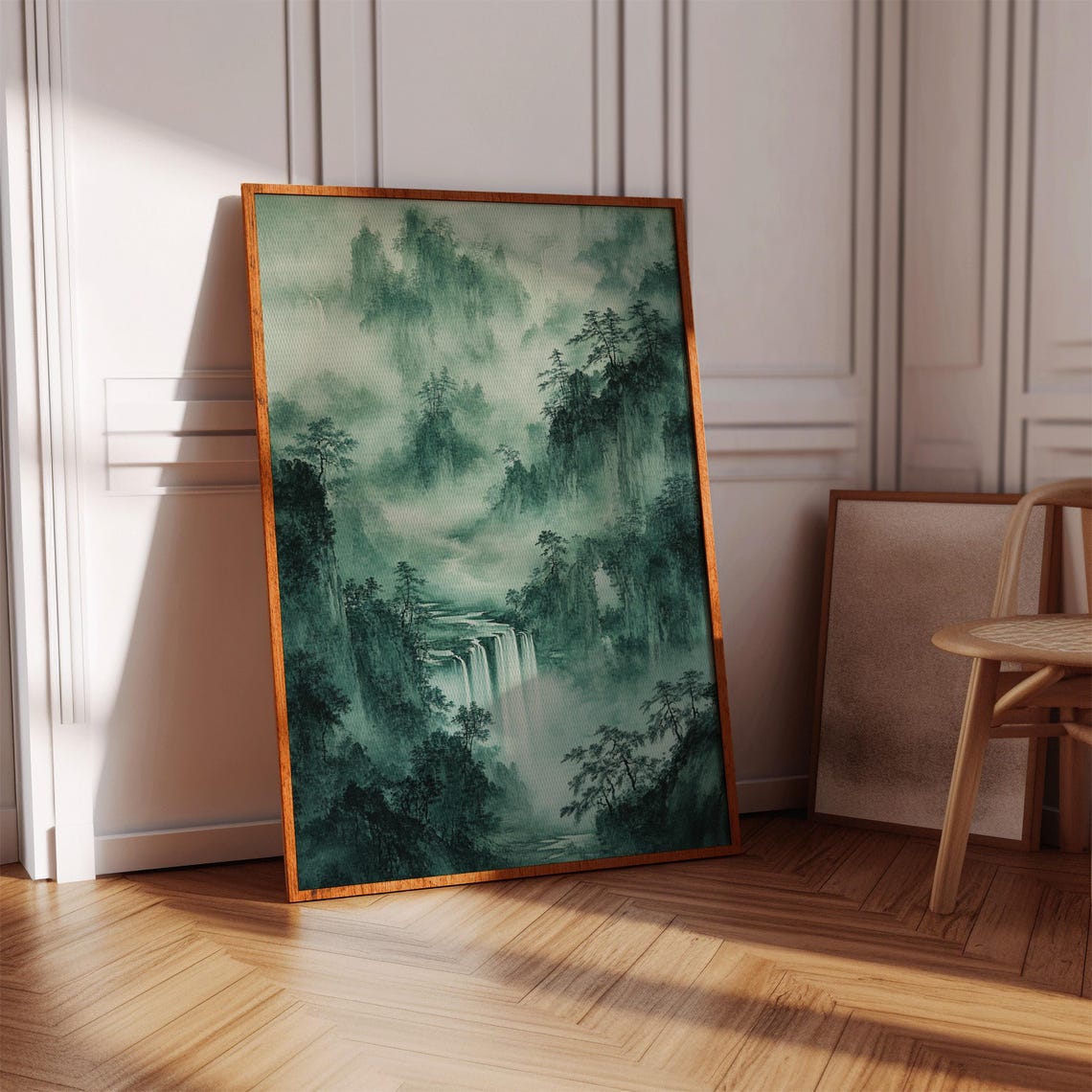 Misty Green Mountain Waterfall Chinese Ink Wash Forest Poster