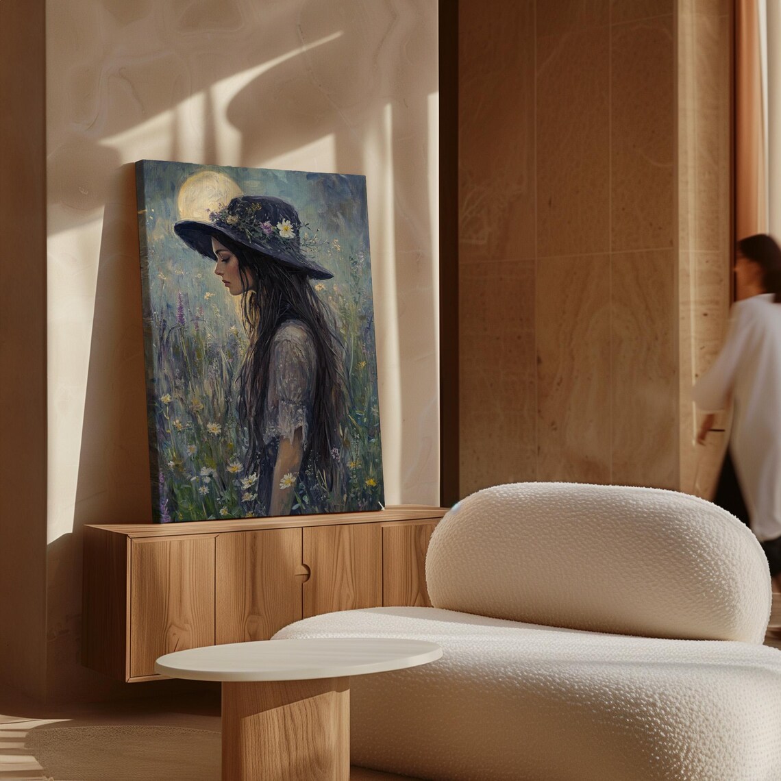 Dreamy Woman in a Flower Covered Hat Beneath a Golden Moon Poster - Image 5